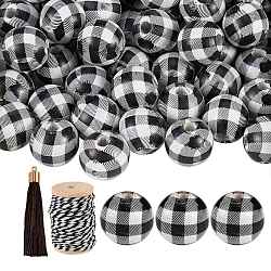 50Pcs Wooden Round Beads with Tartan Pattern, 10Pcs Polyester Tassel Big Pendant Decorations, 1 Roll Cotton String Threads, for DIY Jewelry Finding Kits, Black, 16mm, Hole: 4mm, 50pcs/bag