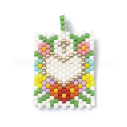 Handmade Japanese Seed Loom Pattern Seed Beads, Rectangle with Heart Pendants, White, 32x19.5x1.5mm, Hole: 2.5mm