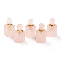 Natural Rose Quartz Pendants, Openable Perfume Bottle, with Golden Tone Brass Findings, 33~35x17~19x11~13mm, Hole: 2mm, capacity: 1ml(0.03 fl. oz)