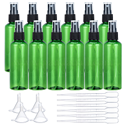 BENECREAT 12 Pack 100ml Green Plastic Fine Mist Spray Bottle with Black Caps, 4PCS Plastic Funnels, 6PCS 2ml Plastic Droppers for Liquids Essential Oils
