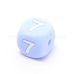 Silicone Beads, for Bracelet or Necklace Making, Arabic Numerals Style, Light Sky Blue Cube, Num.7, 10x10x10mm, Hole: 2mm