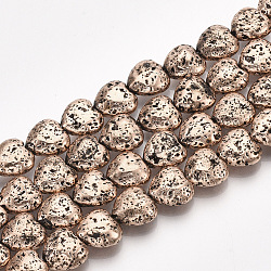 Brins de perles de pierre de lave naturelle galvanisées, cahoteuse, cœur, cuivre plaqué, 11x10~10.5x4.5~5mm, Trou: 1mm, Environ 40 pcs/chapelet, 15.7 pouce