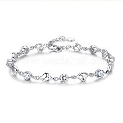 Brass Link Bracelet, with Cubic Zirconia, Heart, Clear, Platinum