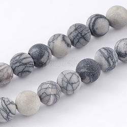 Hebras de piedra de seda negra natural redonda / cordones de perlas de piedra de netstone, 8mm, agujero: 1 mm, aproximamente 46 pcs / cadena, 15.1 pulgada