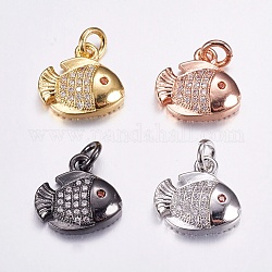 Brass Micro Pave Cubic Zirconia Charms, Long-Lasting Plated, Fish, Mixed Color, 12x13x3.5mm, Hole: 3mm