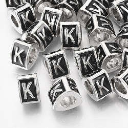 Perline in lega europeo, stile smalto, perline con foro grande, triangolo con lettera, platino, nero, letter.k, 9.5x9x6.5mm, Foro: 5 mm
