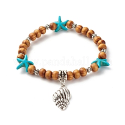 Starfish Synthetic Turquoise Beads & Round Natural Wood Beads Stretch Bracelet, Shell Shape Alloy Charm Bracelet for Women, Chocolate, Inner Diameter: 2-1/8 inch(5.5cm)