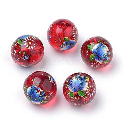 Perle di vetro stampato, tondo con motivo floreale, rosso, 10x9mm, Foro: 1.5 mm