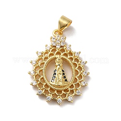 Rack Plating Brass Micro Pave Clear Cubic Zirconia Pendants, Long-Lasting Plated, Lead Free & Cadmium Free, Flower with Saint Charm, Real 18K Gold Plated, 26.5x20x4mm, Hole: 5x3.5mm