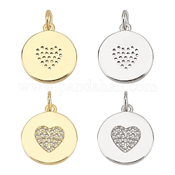 BENECREAT 4Pcs 2 Colors Eco-Friendly Brass Micro Pave Cubic Zirconia Pendants, with Jump Ring, Long-Lasting Plated, Flat Rounnd with Heart Pattren, Mixed Color, 15.7x13.7x1.7mm, 2pcs/color