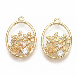 Brass Micro Pave Clear Cubic Zirconia Peg Bails Pendants, for Half Drilled Beads, Nickel Free, Real 18K Gold Plated, Oval with Flower & Butterfly, 21x14.5x3mm, Hole: 1.2mm, Pin: 0.8mm