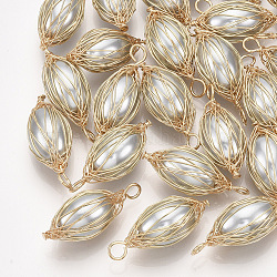 Pendenti di perle imitazione plastica abs, ciondoli avvolti in filo metallico, con fili di ottone, ovale, vero placcato oro 18k, grigio, 26.5x10.5x11mm, Foro: 2.5 mm