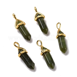 Jade xinyi vert naturel, pendentifs en jade du sud chinois, facette, avec les accessoires en laiton de tonalité d'or, sans plomb et sans cadmium, balle, 27~30x9~10x7~8mm, Trou: 4x3mm