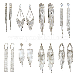 Anattasoul 8 paia 8 orecchini pendenti con strass di cristallo stile, orecchini con nappe a catena in ottone con perni in argento sterling per donna, platino, 75~115mm, ago :0.6~0.7mm, 1 paio/stile