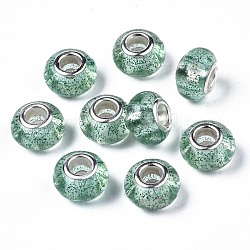 Résine transparente perles européennes, Perles avec un grand trou   , avec noyaux doubles en laiton ton platine et poudre scintillante, rondelle, vert de mer, 13.5x8.5mm, Trou: 5mm