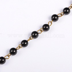 Chaînes en perles de verre rondes manuelles pour fabrication de bracelets et colliers, avec épingle à oeil en fer bronze antique, non soudée, noir, 39.3 pouce, perle: 6 mm