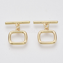 Brass Toggle Clasps, Rectangle Ring, Nickel Free, Real 18K Gold Plated, 21mm Long, Bar: 19x5x2mm, Hole: 1.6mm, Ring: 14x14x2mm, Hole: 1.6mm, Jump Ring: 5x3x1mm