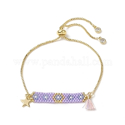 Bracelet coulissant à breloques japonaises faites à la main rectangle et étoile et pompon, bijoux en acier inoxydable doré 304 pour femme, lilas, 10-5/8 pouce (27 cm)