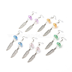 Feder mit runden Perlen lange baumelnde Ohrringe für Mädchenfrauen, Antik Silber Farbe, Mischfarbe, 95.5 mm, Stift: 0.7 mm