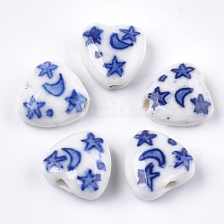 Perles en porcelaine manuelles, porcelaine bleue et blanche , coeur avec la lune et les étoiles, bleu, 15x15x8mm, Trou: 1.6mm