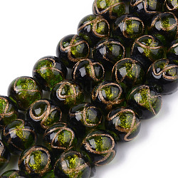 Handgemachte Glasperlen Goldsand, rund mit Unendlichkeitsmuster, olivgrün, 12x11 mm, Bohrung: 2 mm, ca. 45 Stk. / Strang, 16.69 Zoll (50 cm)