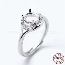 Componenti per anello da dito in argento sterling placcato rodio, con zirconi, regolabile, ovale, platino, misura 925 (8mm), 18 mm di larghezza, vassoio: 2mm
