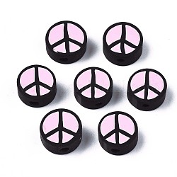 Бусины из полимерной глины , плоские круглые с знаком мира, розовые, 9~10x4.5 мм, отверстие : 1.6 мм