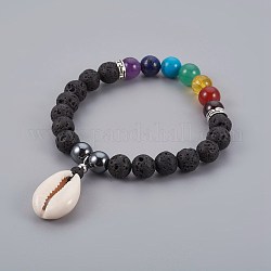 Bracelets stretch breloque coquille cauris, avec perles de pierre mélangées et perles d'espacement en alliage de style tibétain, 2-1/4 pouce (5.6 cm)