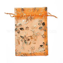 Мешочки для украшений из органзы на шнурках, подарочные пакеты на свадьбу, прямоугольник с золотым тиснением цветочным узором, оранжевые, 15x10x0.11 см