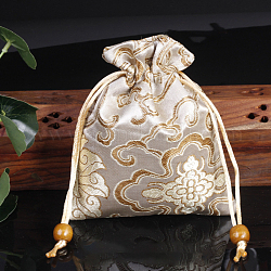 中国風の花柄のサテンジュエリーパッキングポーチ  巾着ギフトバッグ  長方形  パパイヤホイップ  14x11cm