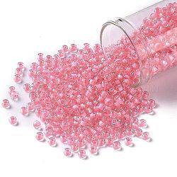 Cuentas de semillas redondas toho, Abalorios de la semilla japonés, (191b) transparente arco iris opaco forrado en rosa fuerte, 8/0, 3mm, agujero: 1 mm, aproximamente 10000 unidades / libra