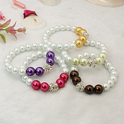 Моды стеклянные браслеты из жемчуга, эластичные браслеты, с латунными бусины со стразами , разноцветные, 55 мм