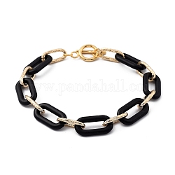 Spray Painted CCB Plastic & Aluminum Paperclip Chain Bracelets, with 304 Stainless Steel Toggle Clasps, Light Gold, Black, 8-5/8 inch(22cm)