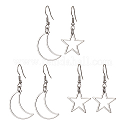 3 par de aretes colgantes de aleación de 3 estilos., pendientes asimétricos, estrella y luna huecas, plata antigua, 49x18mm, 1 par / estilo