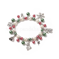 Bracciale elasticizzato con perle di vetro, bastoncino di zucchero, fiocco di neve, babbo natale e campanella in lega di ciondoli braccialetto natalizio da donna, colorato, diametro interno: 2-1/4 pollice (5.6 cm)