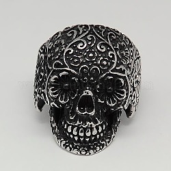 Personnalisé rétro Halloween bijoux crâne de sucre anneaux pour hommes, Bagues à large bande en 304 acier inoxydable, pour le jour férié des morts au mexique, argent antique, 17~23mm