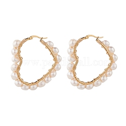 Pendientes de aro grandes con corazón envuelto en alambre de perla natural para mujer, dorado, blanco, 46x44.5x6.5mm, pin: 0.7 mm