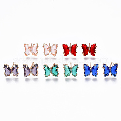 Boucles d'oreilles papillon en zircone cubique avec verre, bijoux en laiton pour femmes, Plaqué longue durée, or clair, couleur mixte, 10x11.5mm, pin: 0.7 mm