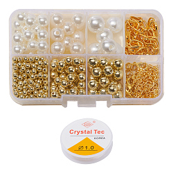 DIY Round Beads Jewelry Set Making Kit, Including  Round ABS Plastic Beads, Iron Paperclip Chains & End Chain & Jump Rings, Zinc Alloy Clasps, Elastic Stretch Thread, Golden, Beads: about 361pcs/set