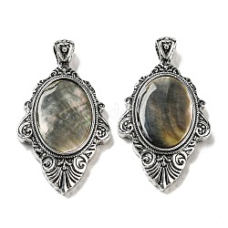 Coquille à lèvres noire naturelle gros pendentifs, breloques ovales en alliage plaqué argent antique, 55x31.5x8.5mm, Trou: 7x5mm