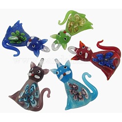 Colgantes de gatito de murano luminosos hechos a mano, con flor interna, forma de gato de dibujos animados, color mezclado, 35x54mm