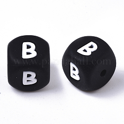 Food Grade Eco-Friendly Silicone Beads, Horizontal Hole, Chewing Beads For Teethers, DIY Nursing Necklaces Making, Cube, Black, Letter.B, 12x12x12mm, Hole: 2mm