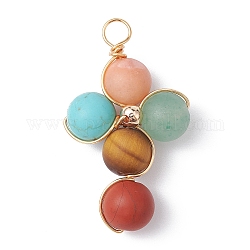 Natural Frosted Mixed Gemstone Pendants, Eco-Friendly Light Gold Plated Copper Wire Wrapped Cross Charms, Mixed Dyed and Undyed, 37x21x9mm, Hole: 4mm