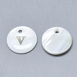 Encantos de concha de nácar blanco natural, con pegatina de hierro, plano y redondo con la letra, letter.v, 13x2mm, agujero: 1.5 mm