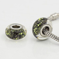Large Hole Rondelle Pattern Glass European Beads, with Platinum Brass Double Cores, Black, 14~14.5x8mm, Hole: 5mm