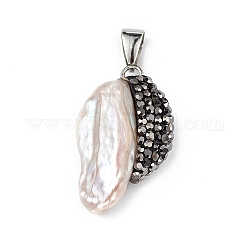 Pendentifs en perles keshi baroques naturelles, breloques pépites de perles d'eau douce, avec zircons, noir, 19~32x16.5~28x6~11mm, Trou: 8mm