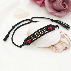 Graine de verre large bande avec mot amour coeur bracelet lien d'amitié pour les femmes, noir, 11 pouce (28 cm)