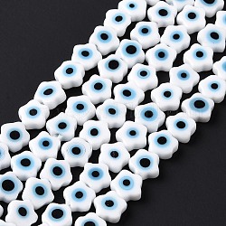 Hechos a mano de mal de ojo lampwork perlas hebras, flor, blanco, 7x7.5x3mm, agujero: 0.6 mm, aproximamente 51 pcs / cadena, 14.17 pulgada (36 cm)