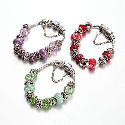 Bracelets en alliage avec perles européennes avec strass, avec des perles de verre et chaîne en laiton, couleur mixte, 190mm