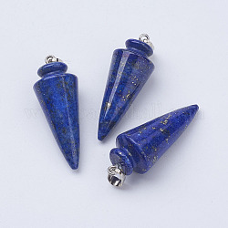 Pendentifs en lapis lazuli naturel, avec les accessoires en laiton de tonalité de platine, cône / pic / pendule, 43~45x16mm, Trou: 5x7mm
